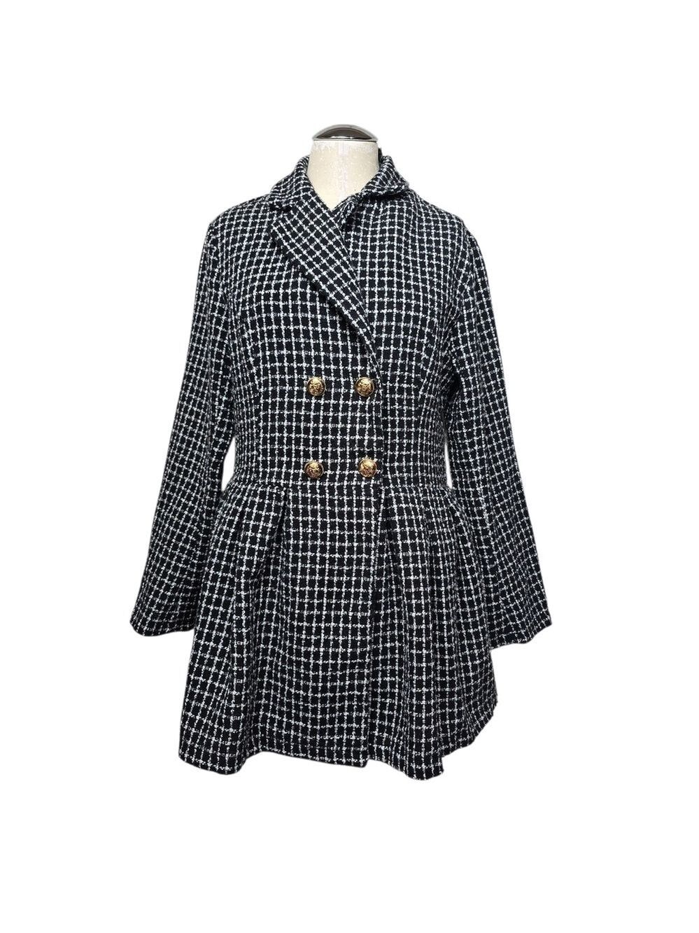 Shein Black White Plaid Double Breasted Coat 12